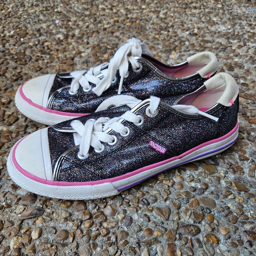 Skechers BOBS Womens 5.5 Black Rainbow Glitter Lace Up Sneakers Pink Trim